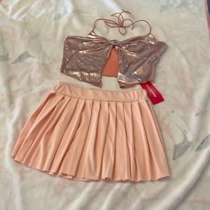 SHEIN ICON SET PASTEL PINK SHINY HALTER AND MINI SKIRT
